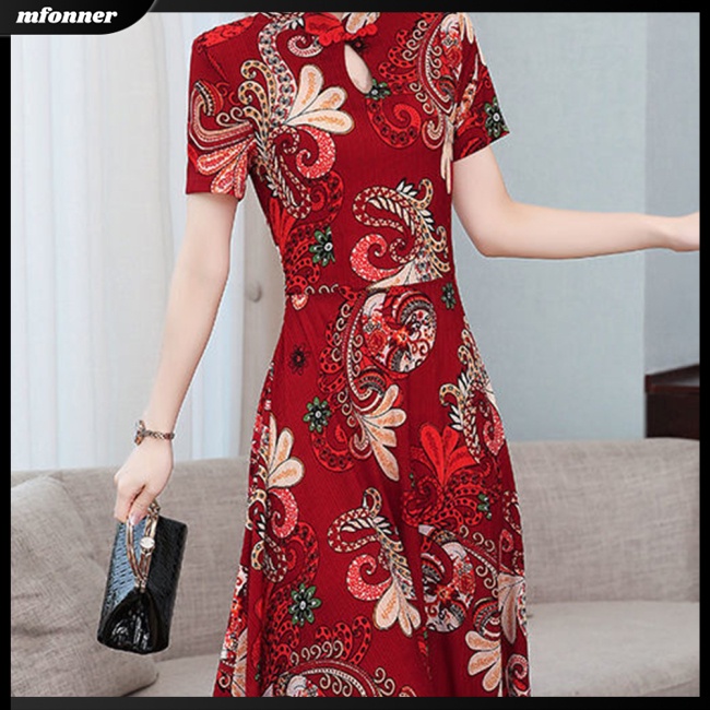 Đầm Tay Ngắn Cổ Đứng Eo Cao In Họa Tiết Cổ Điển Dành Cho Nữ