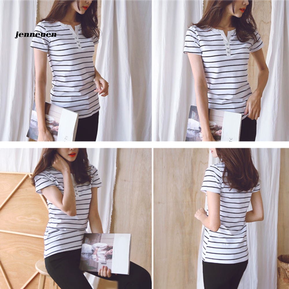 Áo Thun Cotton Cổ Chữ V Tay Ngắn Dáng Ôm Họa Tiết Kẻ Sọc Phối Nút Dành Cho Nữ