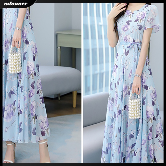 Đầm Tay Ngắn Cổ Tròn In Hoa Thời Trang Mùa Hè Xinh Xắn Cho Nữ