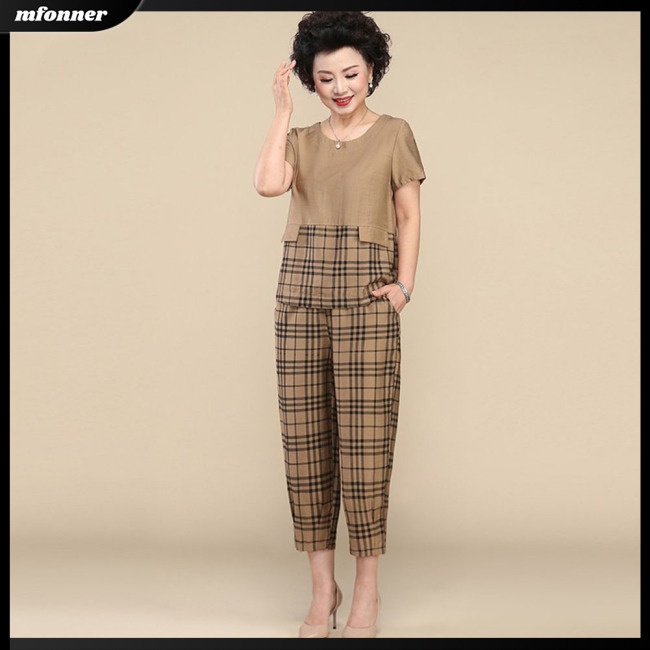 Bộ Trang Phục Thể Thao 2 Mảnh Gồm Áo Thun Tay Ngắn Cổ Tròn In Họa Tiết Caro + Quần Dài Thời Trang Cho Nữ