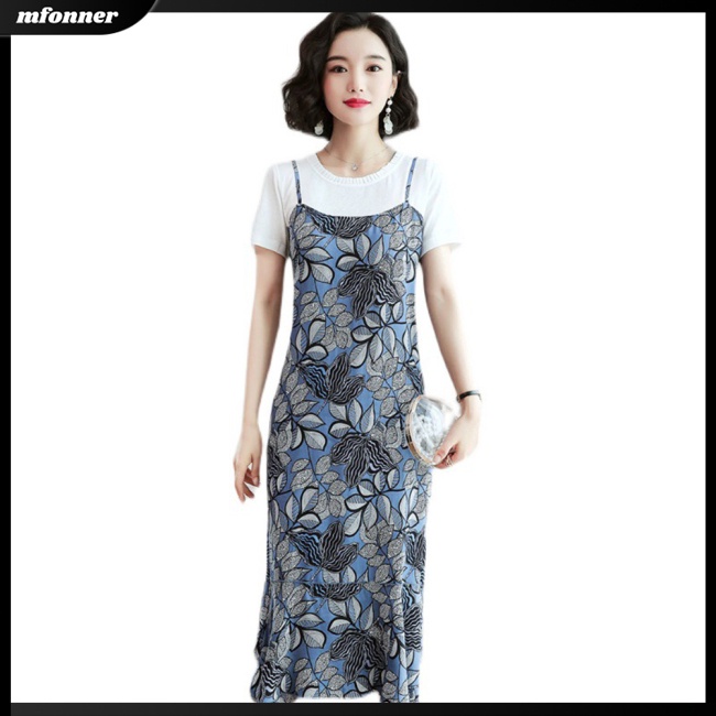 Đầm Giả Hai Mảnh Dáng Suông Tay Cộc Cổ Tròn Giả Hai Mảnh In Họa Tiết Hoa Thoải Mái Cho Nữ