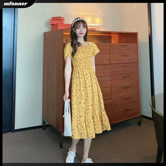 Đầm Chiffon Cổ Vuông Họa Tiết Hoa Phong Cách Pháp Ngọt Ngào Thời Trang Xuân Hè Cho Nữ