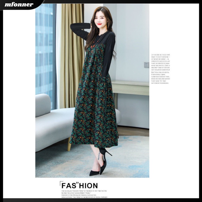 Đầm Giả Hai Lớp Tay Dài Cổ Tròn In Họa Tiết Hoa Dáng Rộng Thời Trang Cho Nữ