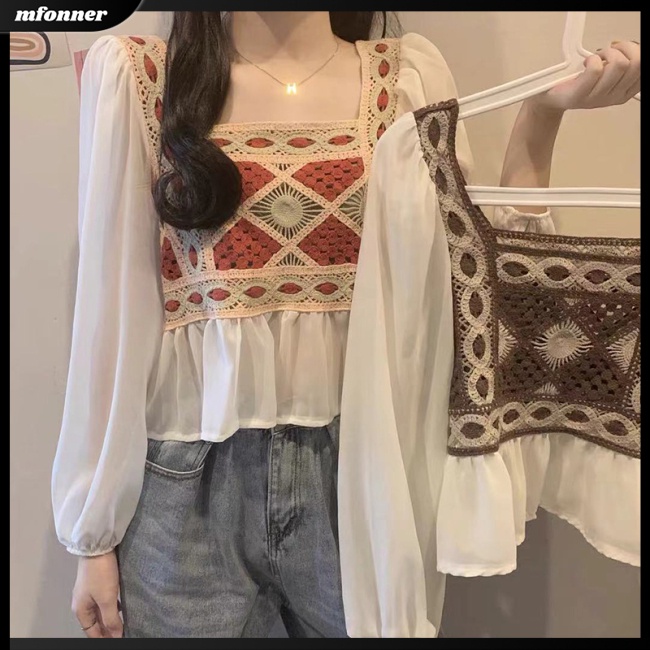 Áo Dệt Kim Chiffon Dài Tay Cổ Vuông Phối Họa Tiết Thổ Cẩm Thời Trang Cho Nữ