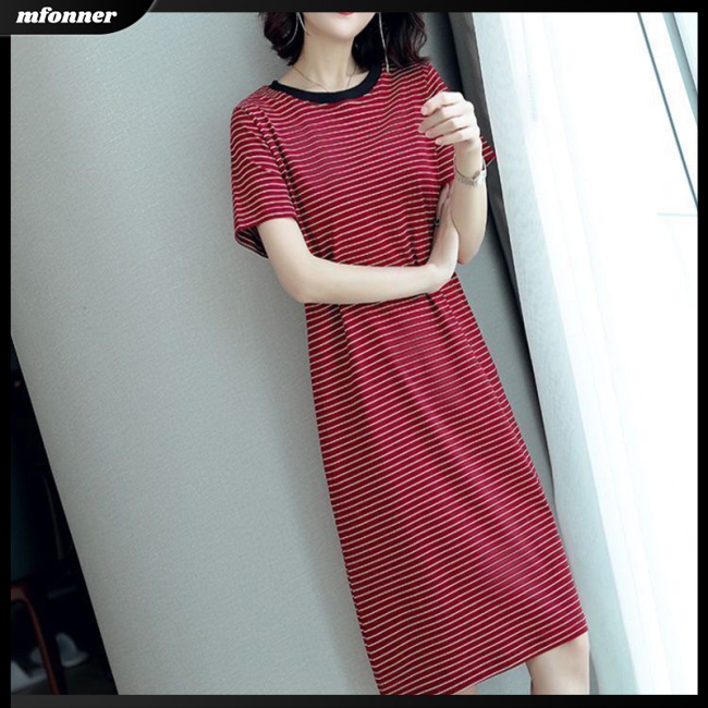 Đầm Thun Dáng Dài Qua Gối Tay Ngắn Cổ Tròn Họa Tiết Kẻ Sọc Thời Trang Cho Nữ