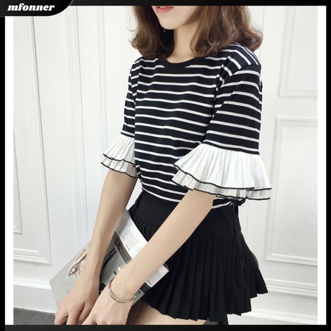 Áo Thun Nữ Dáng Rộng Tay Nhún Bèo Họa Tiết Kẻ Sọc Đơn Giản Thời Trang