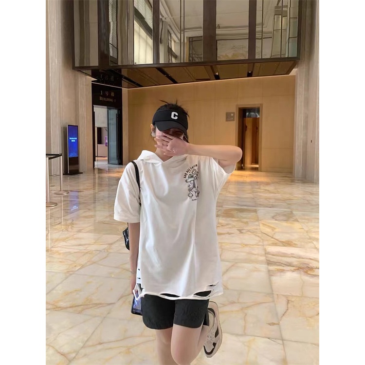 Áo Thun Cotton Có Mũ Trùm Dáng Rộng Tay Ngắn Phong Cách Đường Phố Thời Trang 2023