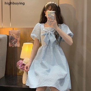 Đầm mini dáng chữ a cổ vuông eo cao tay phồng đính nơ xinh xắn cho bạn gái
