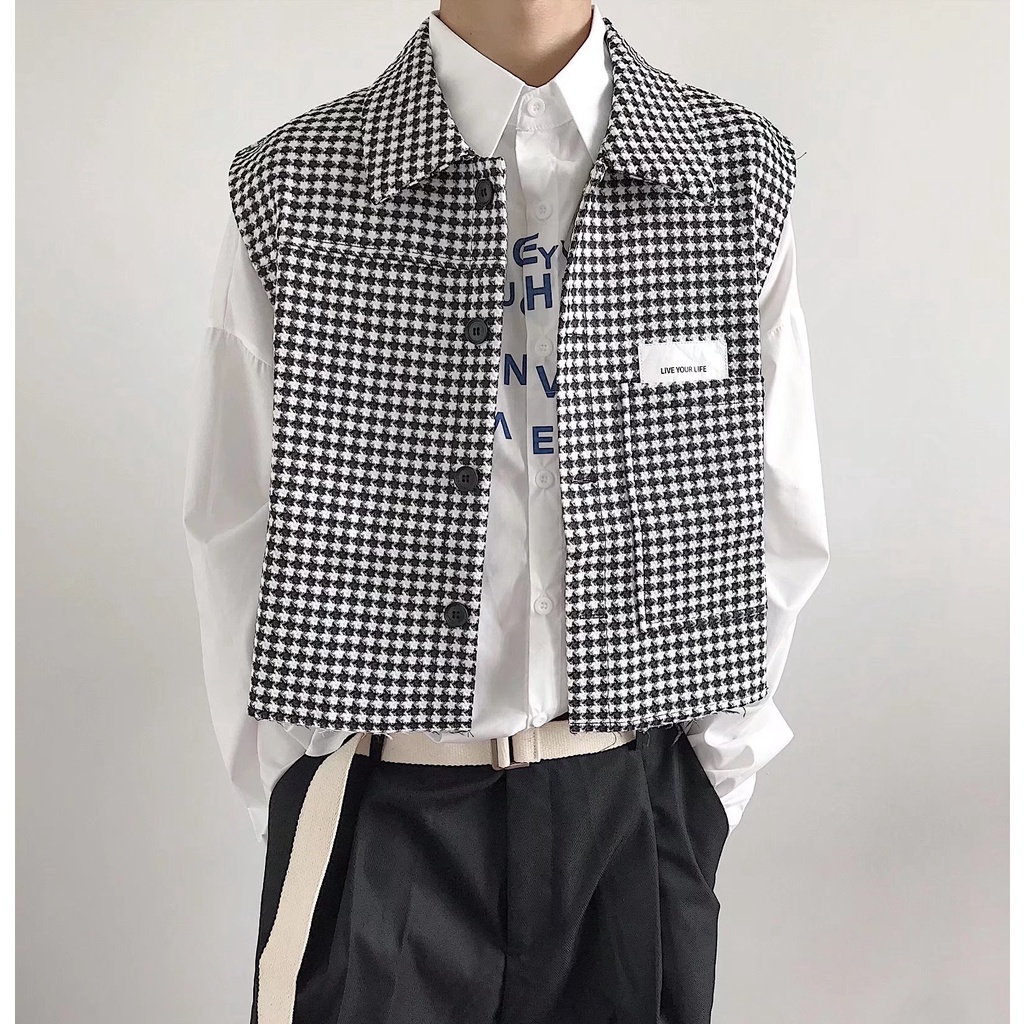 Áo Khoác Sát Nách Dáng Rộng In Họa Tiết Houndstooth Cá Tính Cho Nam