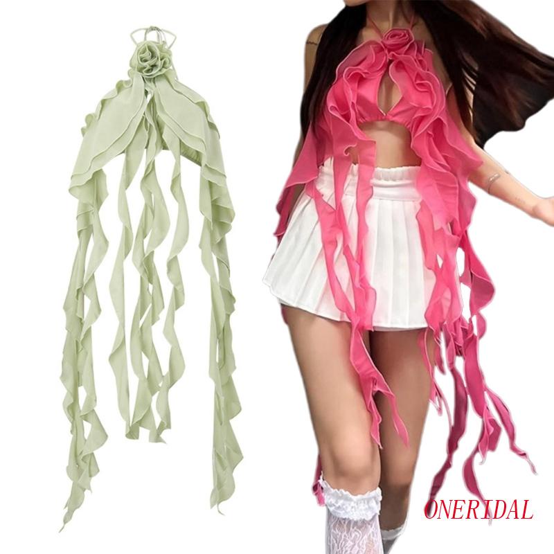 Áo Croptop Hai Dây Phối Tua Rua In Họa Tiết Hoa 3D Quyến Rũ Dành Cho Nữ