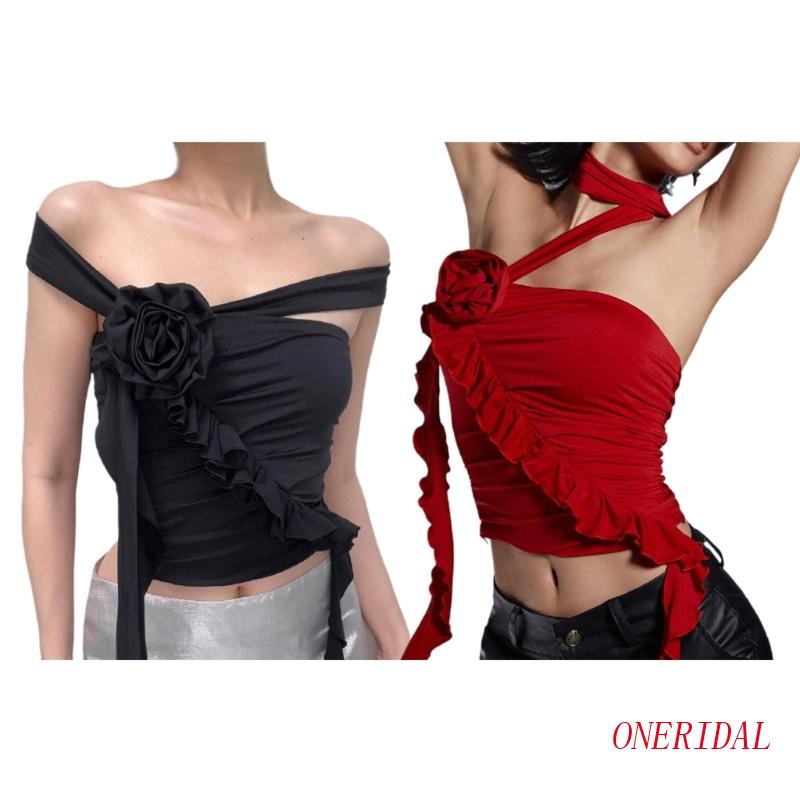 Áo Croptop Hai Dây Phối Tua Rua Họa Tiết Hoa 3D Gợi Cảm Cho Nữ