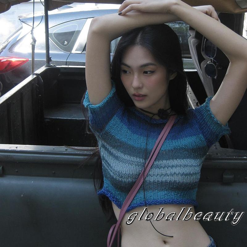 Áo Thun Croptop Tay Ngắn Cổ Tròn Dáng Ôm Họa Tiết Kẻ Sọc Thời Trang Mùa Hè Cho Nữ