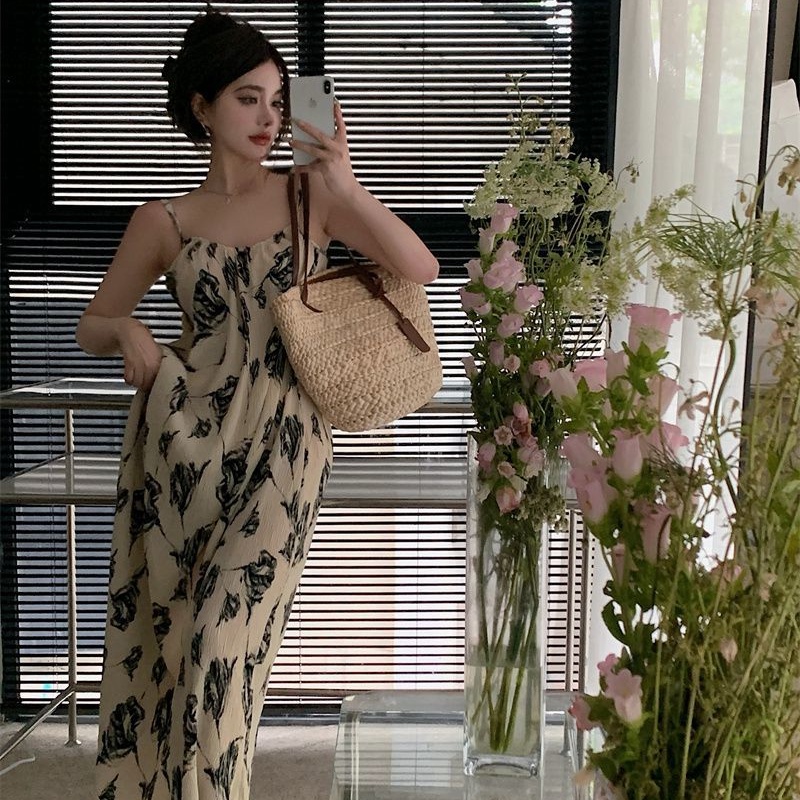 Cozok Đầm Dài Không Tay Họa Tiết Mực In Thời Trang Gợi Cảm