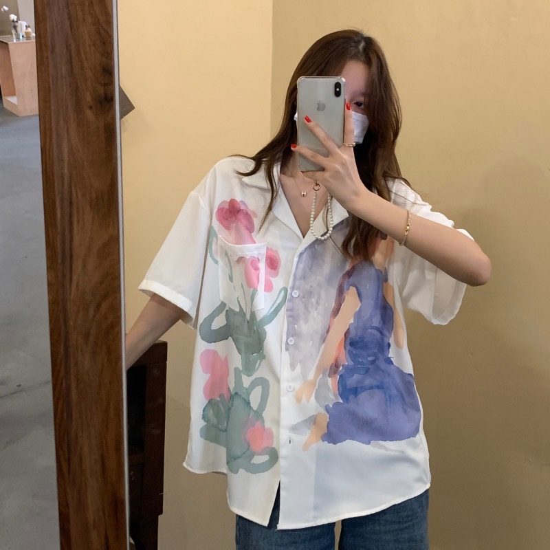 Áo Sơ Mi Tay Ngắn Dáng Rộng In Họa Tiết Thời Trang Cho Nữ