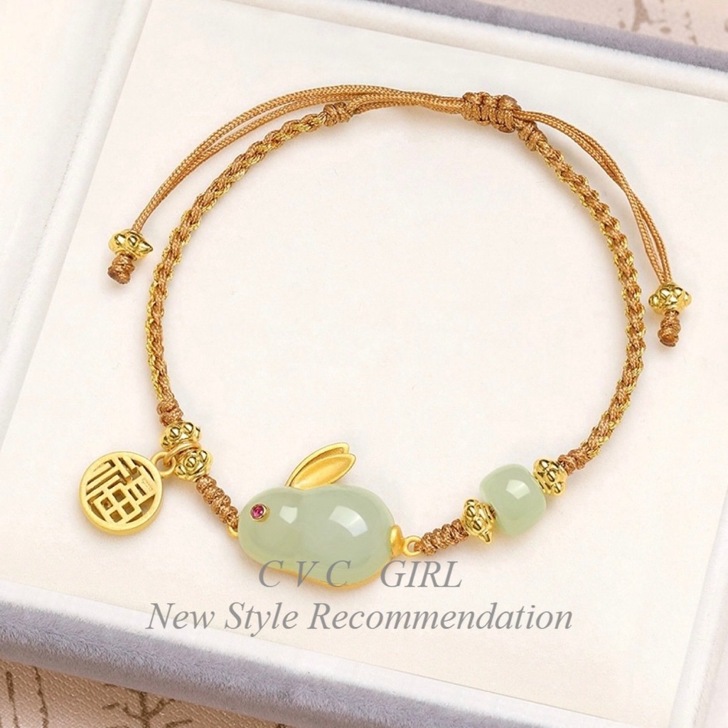 Vòng Tay Dây Rút Đính Ngọc Bích Giả Hình Thỏ Hetian Nhẹ Nhàng Sang Trọng Thương Hiệu Niche Fortune