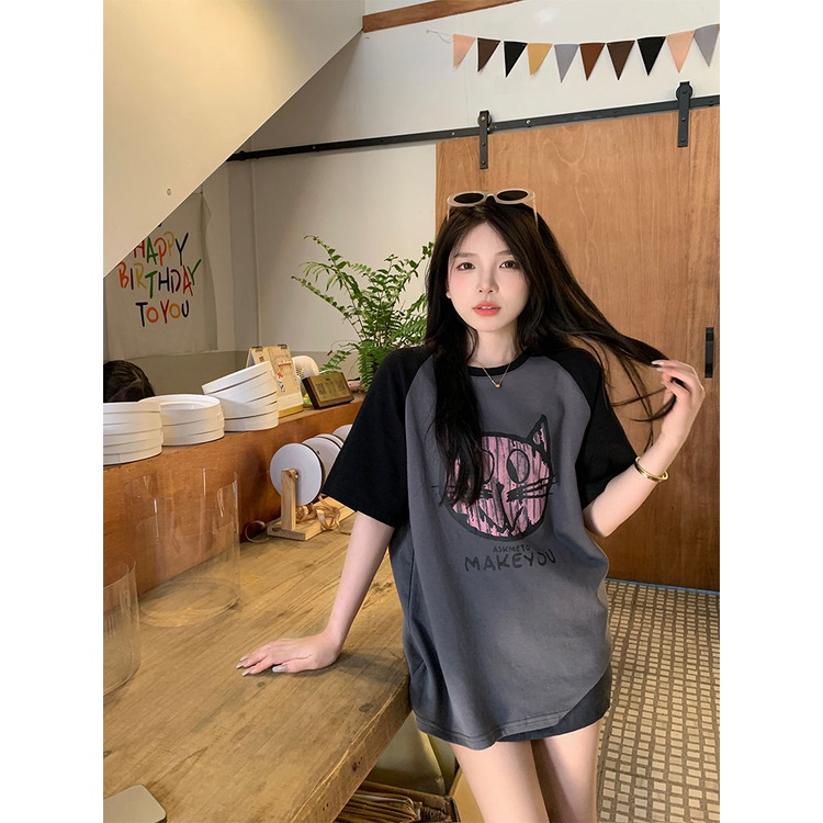 Áo Thun Raglan Tay Ngắn In Họa Tiết Hoạt Hình Phong Cách Hàn Quốc Thời Trang Mùa Hè Cho Nữ