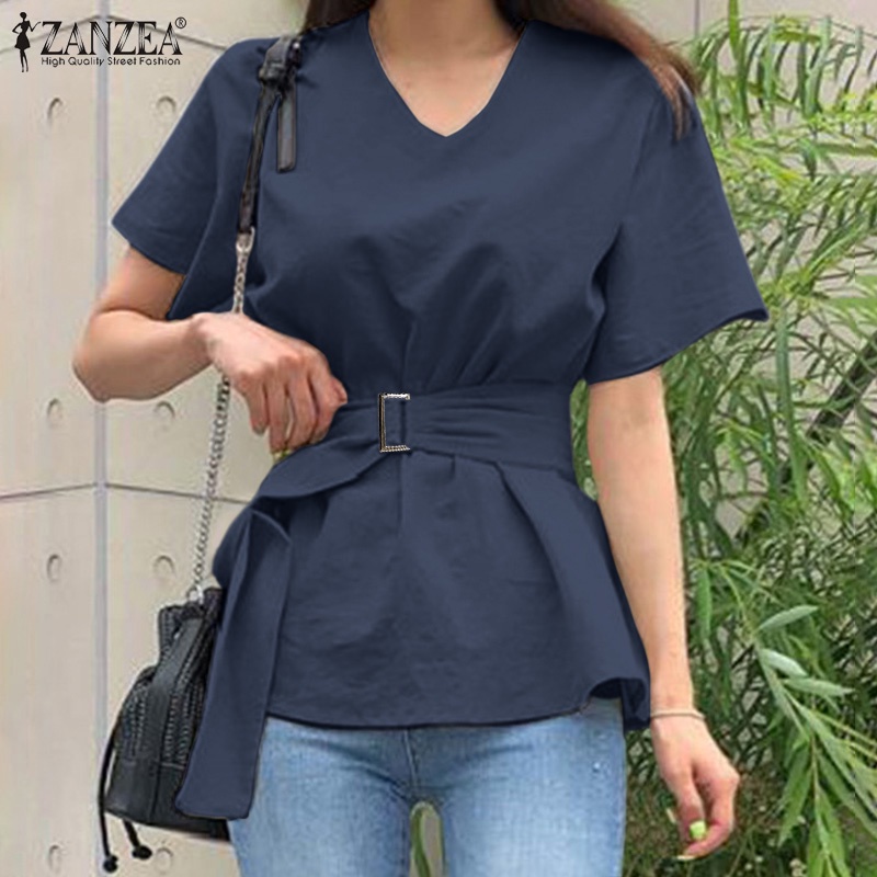 Zanzea Áo Kiểu Tay Ngắn Cổ Chữ V Có Nút Thắt Lưng Tháo Rời Được Phong Cách Hàn