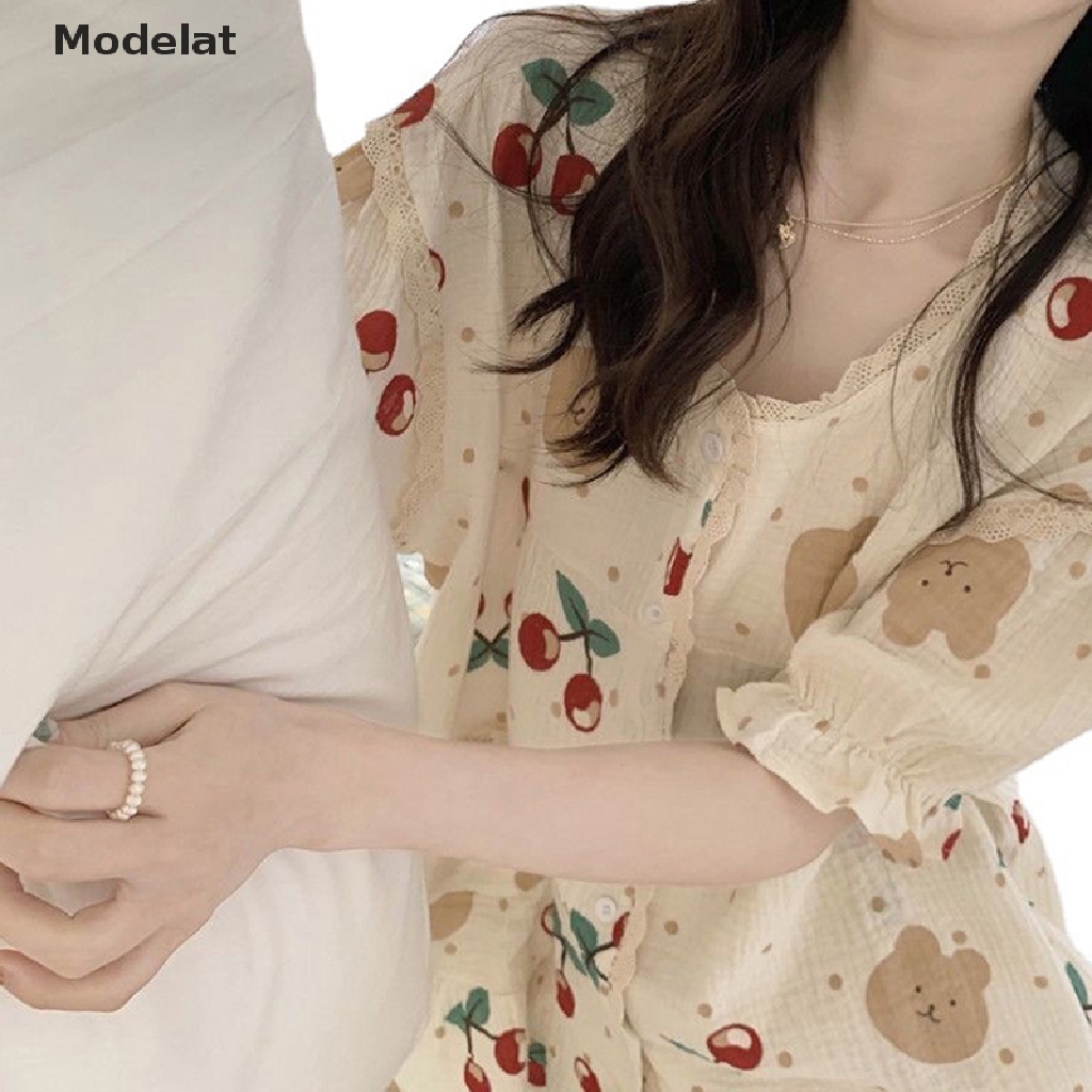 Mfc Bộ Đồ Ngủ 2 Món Tay Ngắn Cổ Bẻ In Họa Tiết Hoạt Hình Chú Gấu / Cherry Đáng Yêu Thời Trang Mùa Hè Cho Nữ