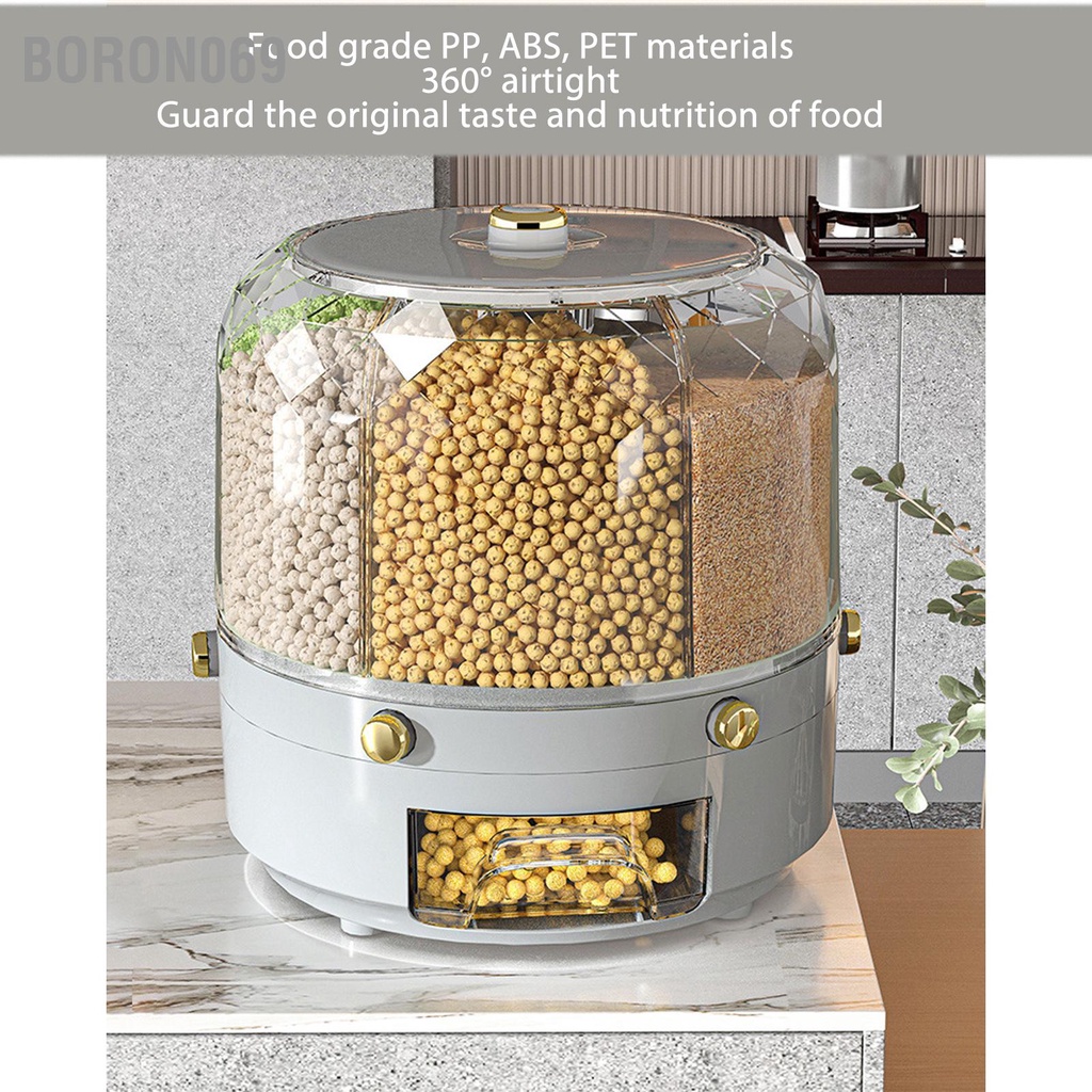 Boron069 Xoay Cơm Đựng 13.2lb Dung Tích 6 Lưới Kín Hơi Đầu Ra Một Lần Bấm Hộp Bảo Quản Thực Phẩm Khô Cho Hạt Đậu
