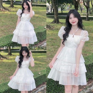 Váy babydoll dáng dài tay phồng 3 tầng cổ vuông tay bồng đầm dự tiệc đi chơi sự kiện sang trọng màu trắng hàn quốc EYE2