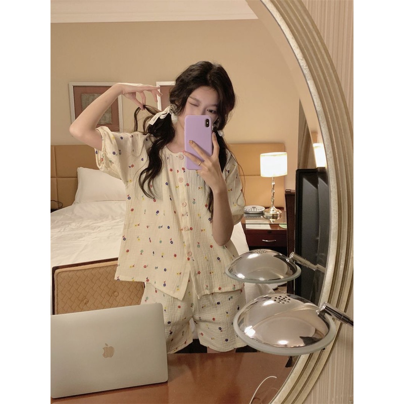 Bộ Đồ Ngủ Tay Ngắn In Hoa Dễ Thương Thoải Mái Thời Trang Mùa Hè Cho Nữ