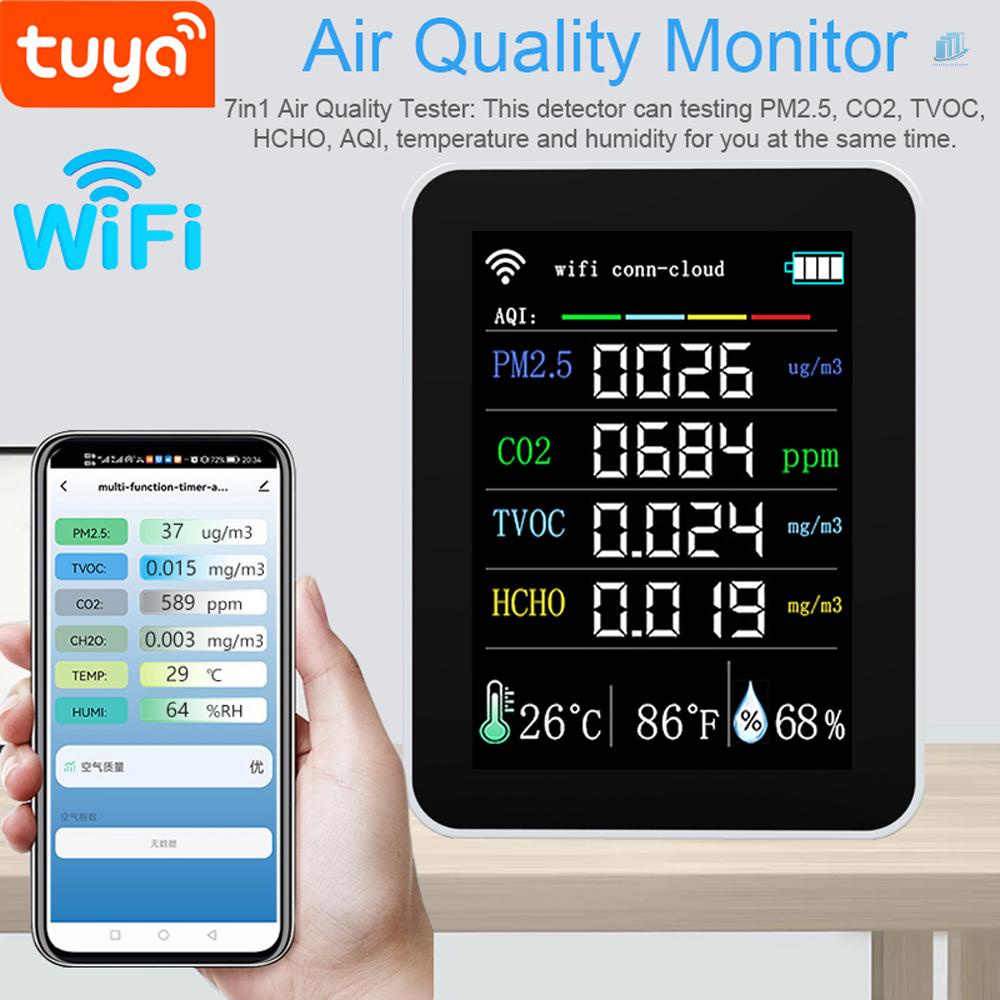Máy Đo Độ Ẩm Không Khí Kết Nối Wifi 7 Trong 1 PM2.5 CO2 TVOC HCHO AQI 2.8inch TFT Chất Lượng Cao