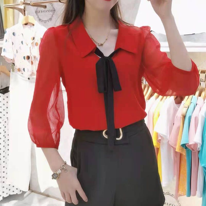 Áo Sơ Mi chiffon Tay Lỡ Thắt Nơ Thời Trang Mùa Hè Cho Nữ