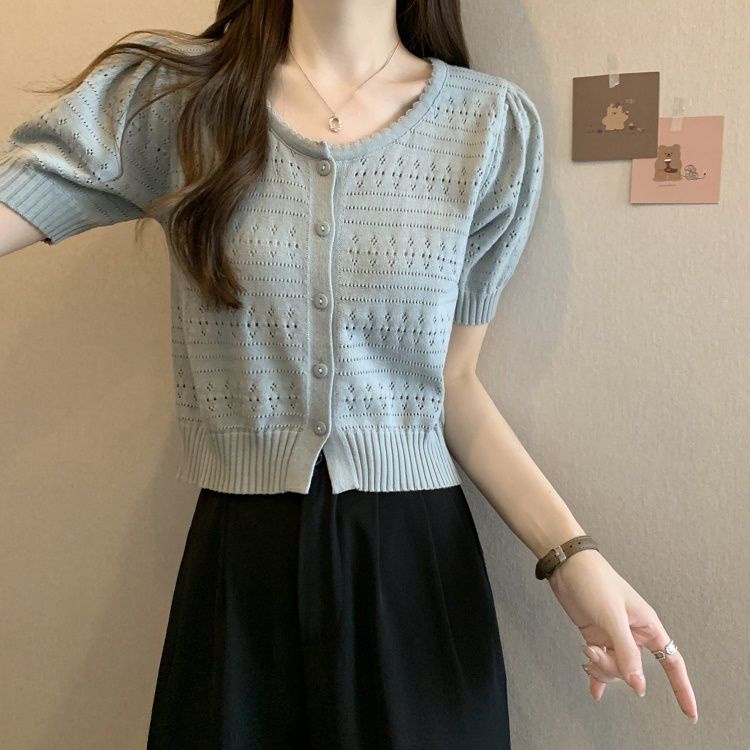 Áo Cardigan Dệt Kim Tay Ngắn Phồng Thời Trang 2023 Cho Nữ