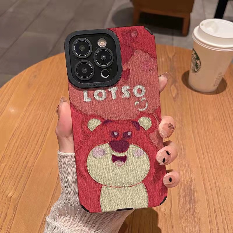Ốp Điện Thoại Da Cừu Viền TPU Dẻo In Hình Gấu Dâu Mặt Cười Cho iPhone 11pro Max 14 Promax 11 12 / 13 / 6 / 7 / 8Plus / X Max
