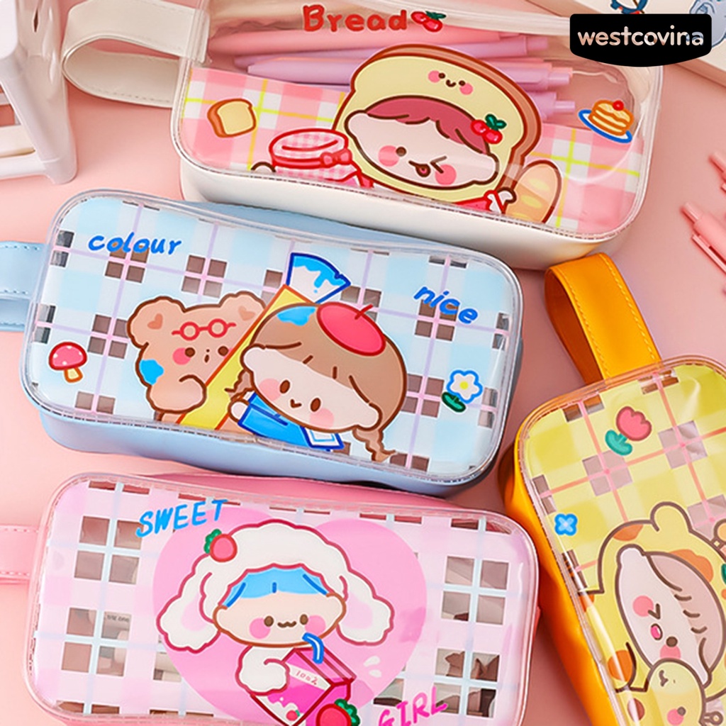 [COD]♪Túi Đựng Bút Trong Suốt Chống Thấm Nước Sức Chứa Lớn Có Dây Khóa Kéo In Họa Tiết Hoạt Hình