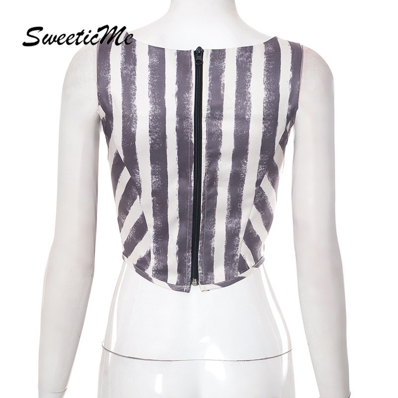 Áo Tank Top Ôm Dáng Có Khóa Kéo In Họa Tiết Sọc Màu Tương Phản Thời Trang Mới 2023 Cho Nữ