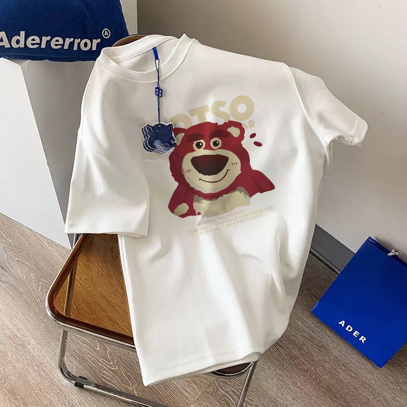 Áo Thun Cotton Tay Ngắn Dáng Rộng In Hình Gấu Và Dâu Tây Chất Lượng Cao Thời Trang