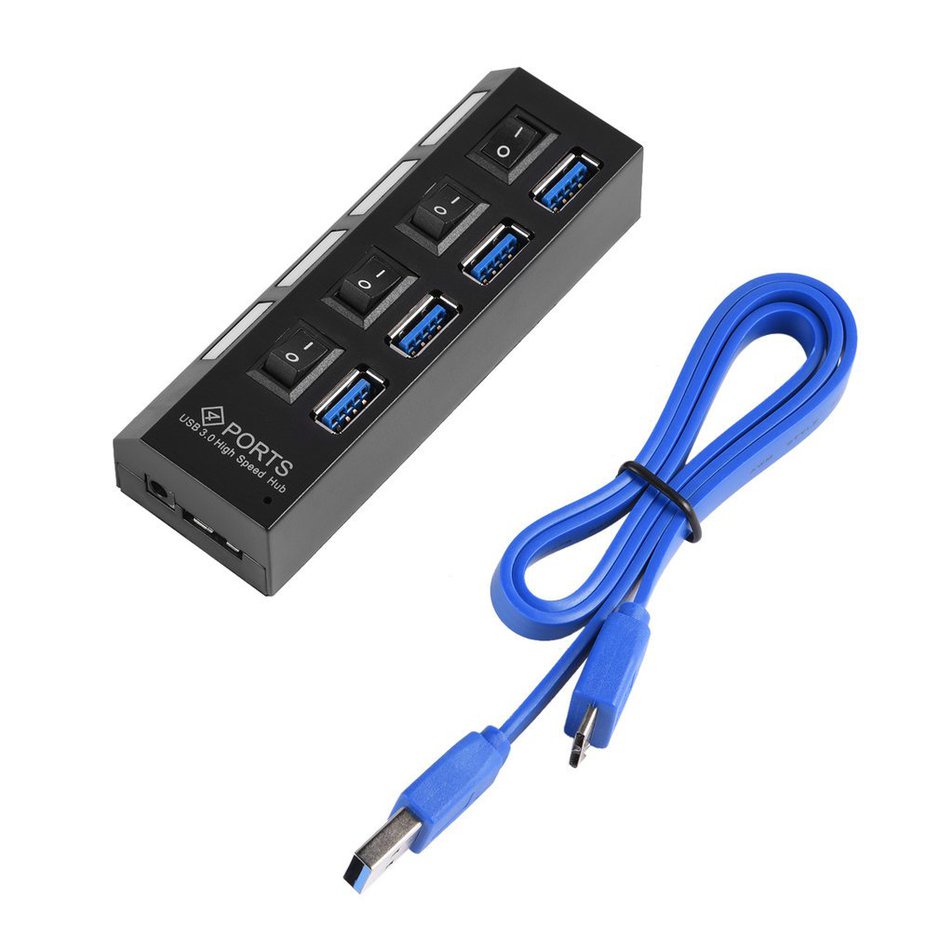 KDQ1 Hub USB 3.0 Tốc Độ Cao 4 Cổng Tốc Độ 5Gbps Với Công Tắc Bật/Tắt Và Cáp Đa Năng Máy Tính Laptop Máy Tính Để Bàn màu Đen
