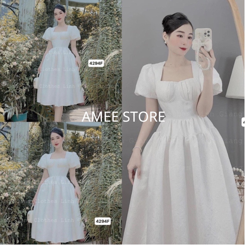 Váy nữ dự tiệc, dáng xòe dài cổ vuông tay bồng - đầm tiểu thư xinh nữ đi chơi đám cưới kỷ yếu sang chảnh chất gấm, AMEE
