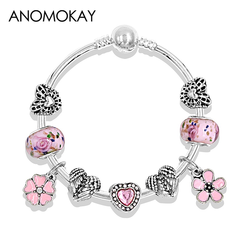 Vòng Tay Mạ Bạc Đính Hạt Charm Hoa Dầu Nhỏ Giọt Màu Hồng