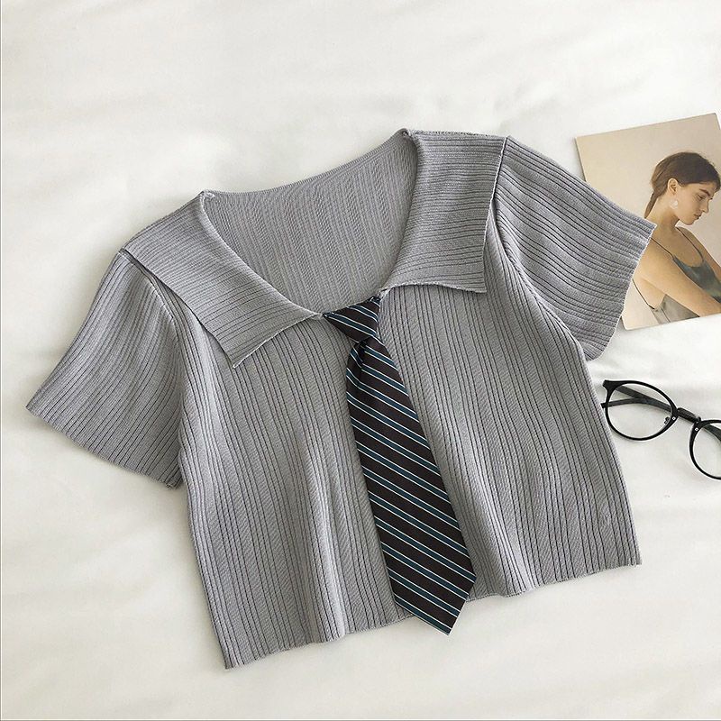 IELGY        Áo Thun Dệt Kim Ngắn Tay Thắt Cà Vạt Phong Cách Hàn Quốc Cho Nữ