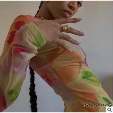 Đầm Ngắn Cổ Tròn Tay Dài Eo Cao Xuyên Thấu In Họa Tiết Hoa Cho Nữ