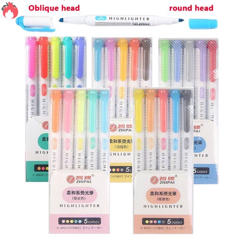 Bộ Bút Dạ Quang Hai Đầu 5 Màu Mềm Mại Dùng Đánh Dấu Chữ Cho Học Sinh