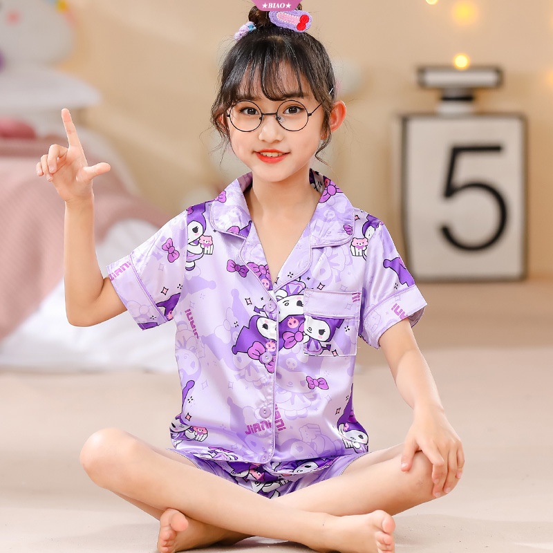 Bộ Đồ Ngủ Tay Ngắn Bằng Lụa Lạnh In Họa Tiết Kuromi My Melody Cinnamoroll Dễ Thương Thời Trang Mùa Hè Cho Bé Gái