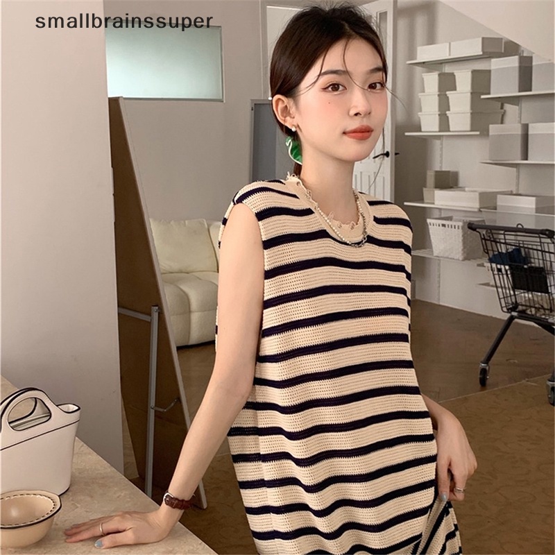 Đầm Dài Không Tay Họa Tiết Kẻ Sọc Đơn Giản Phong Cách Hàn Quốc Cho Nữ SBS