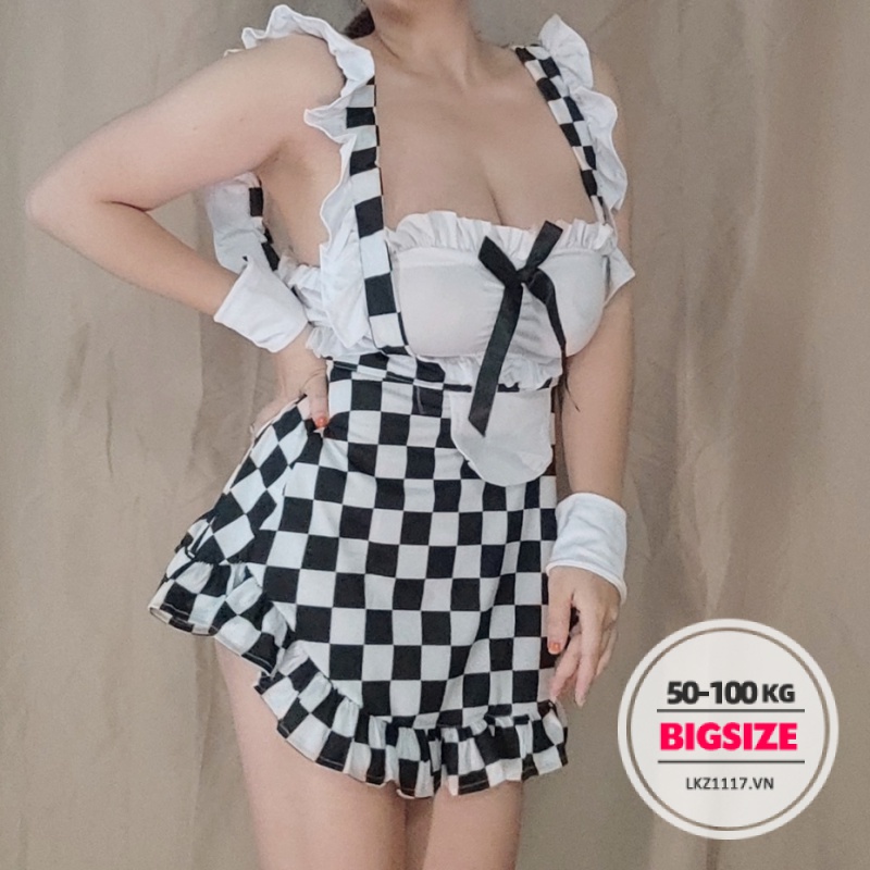 Maid cosplay cô hầu gái Bigsize váy ngủ sexy gợi cảm đầm ngủ 2 dây caro hở đáy dễ thương Phong cách Nhật Bản quyến rũ