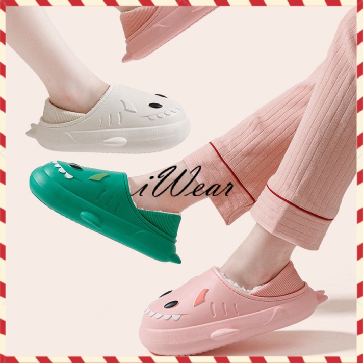 Dép bông cá mập hoạt hình nữ, Dép mùa đông đế dày chống thấm nước, Giày cotton mỉm cười dễ thương