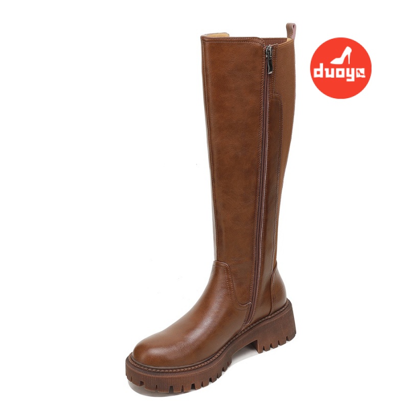 Duoya Tóc Thẳng ~ [Hàng Có Sẵn] Giày Bốt Ống Cao Dày Màu Nâu Cổ Điển Anh Quốc Cho Nữ