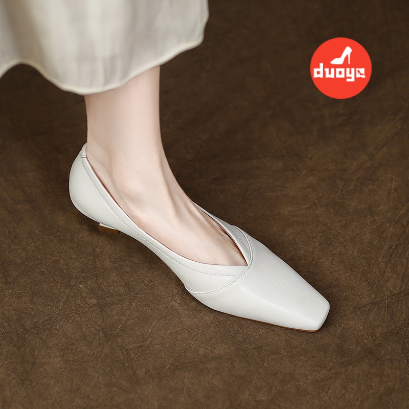 Duoya Tóc Thẳng ~ [Hàng Có Sẵn] Giày Cao Gót Mũi Vuông Nhỏ Bằng Da Thật Mềm Mại Dễ Phối Đồ Cho Nữ