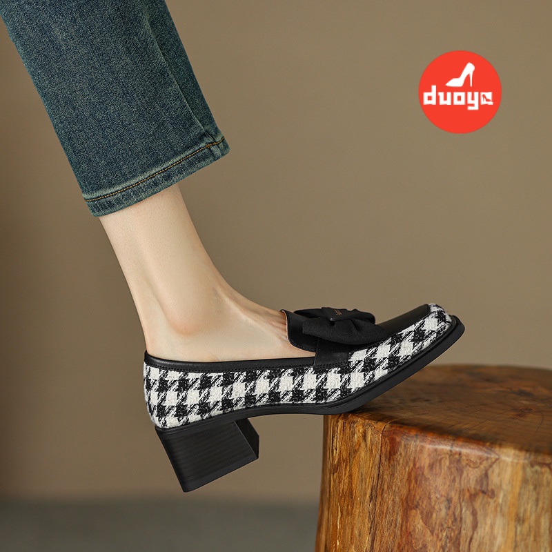 Duoya Tóc Thẳng ~  Giày Lười Đế Dày Mũi Vuông Đính Nơ Phong Cách Anh Quốc Cho Nữ Miễn Phí Vận Chuyển