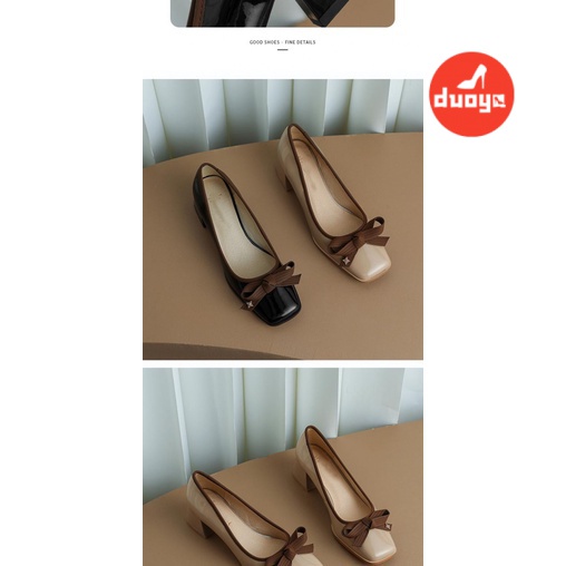 Duoya Giày Cao Gót Da Mềm Mũi Vuông Miệng Nông Đính Nơ Thời Trang Cho Nữ
