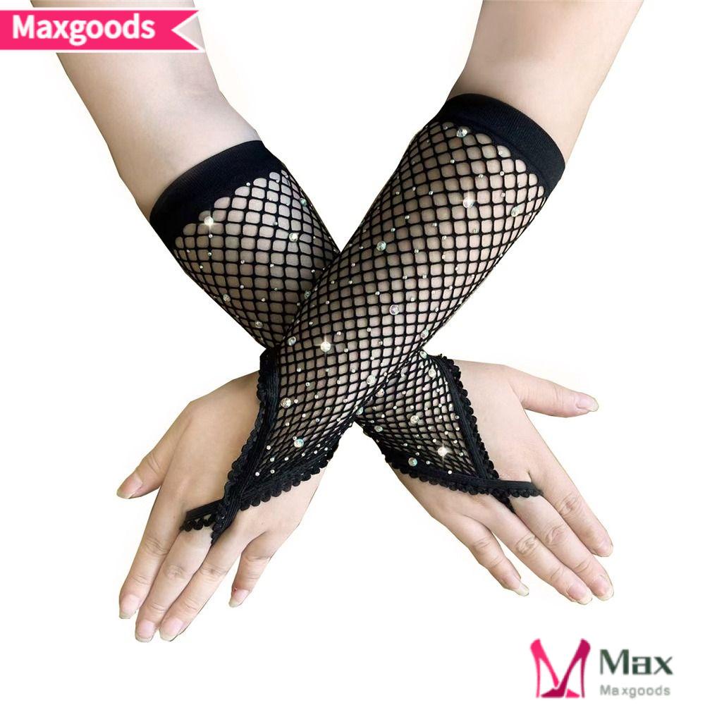 Maxg Găng Tay Lưới Dài Hở Ngón Phối Màu Lấp Lánh Biểu Diễn Sân Khấu Lá