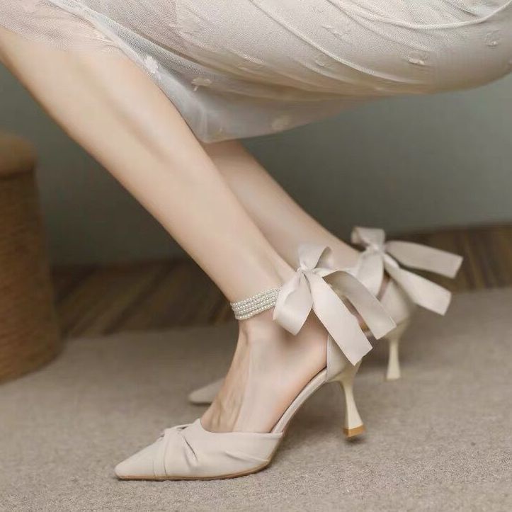 Giày Cao Gót 5cm Đế Thấp Đính Ngọc Trai Phong Cách Pháp Cho Phù Dâu