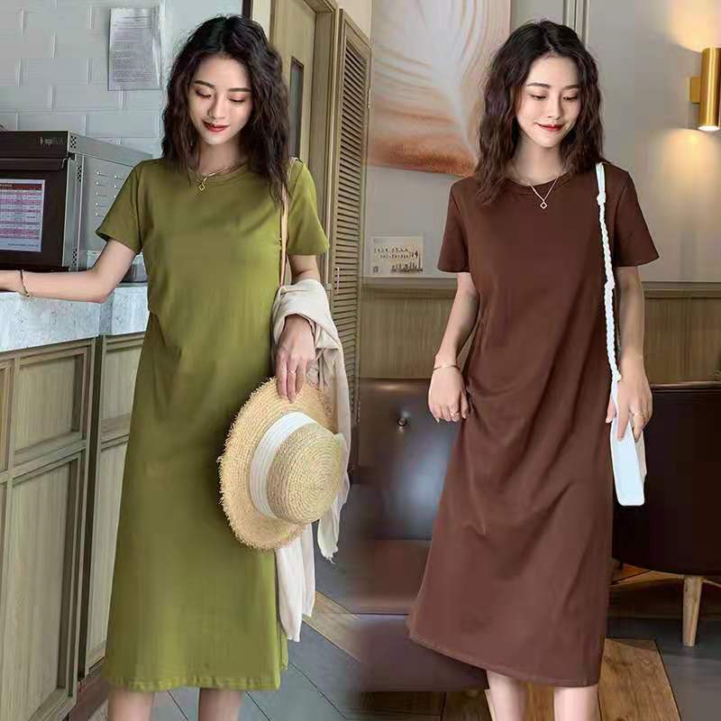 Đầm Thun Ngắn Tay Dáng Dài Qua Gối Màu Xanh Bơ Thời Trang Cho Nữ Cỡ M-2xl