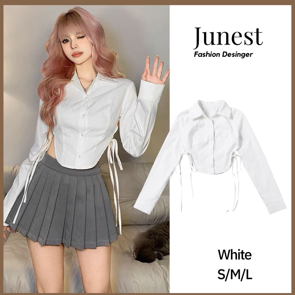 Áo sơ mi croptop nữ Junest tay dài vạt bầu buộc nơ eo White Shirt SMVB07